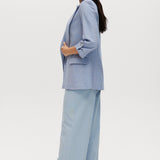 Heather Blue Cotton Twill Open Blazer with 3/4 sleeves and notched lapels by Hilary Radley.