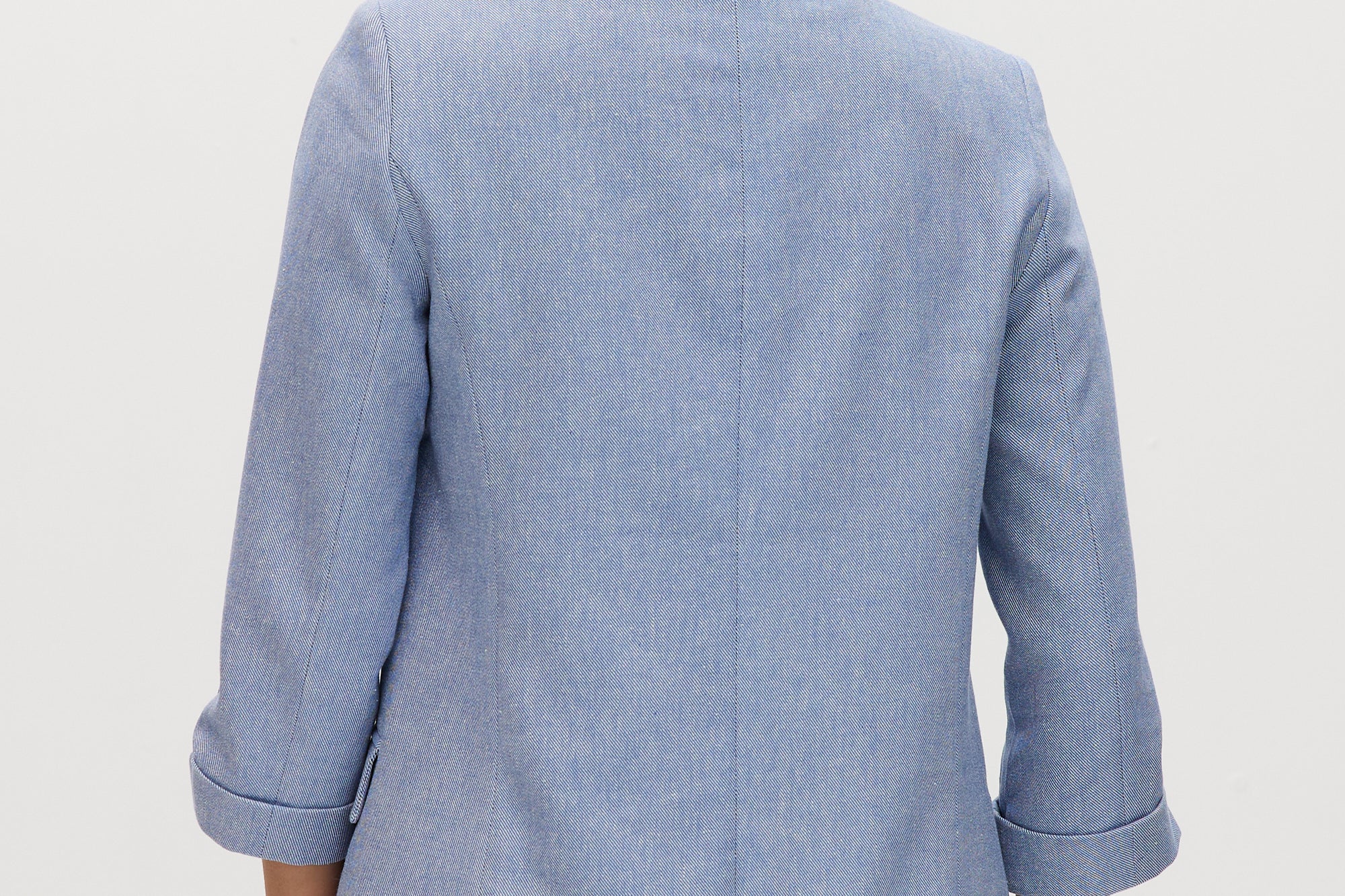 Heather Blue cotton twill open blazer featuring 3/4 sleeves and notched lapels by Hilary Radley.