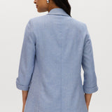 Heather Blue cotton twill open blazer featuring 3/4 sleeves and notched lapels by Hilary Radley.