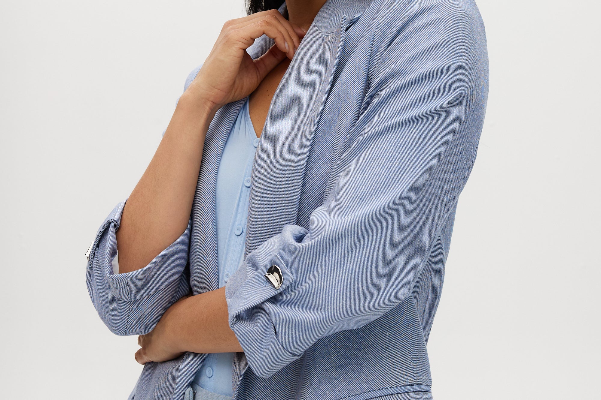 Heather Blue Cotton Twill Open Blazer with 3/4 sleeves and notched lapels by Hilary Radley.