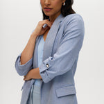 Heather Blue Cotton Twill Open Blazer with 3/4 sleeves and notched lapels by Hilary Radley.