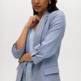 Heather Blue Cotton Twill Open Blazer with 3/4 sleeves and notched lapels by Hilary Radley.