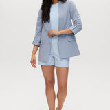 Heather Sky blazer jacket with open front, boxy fit, 3/4 sleeves, notched lapels, and subtle check pattern.