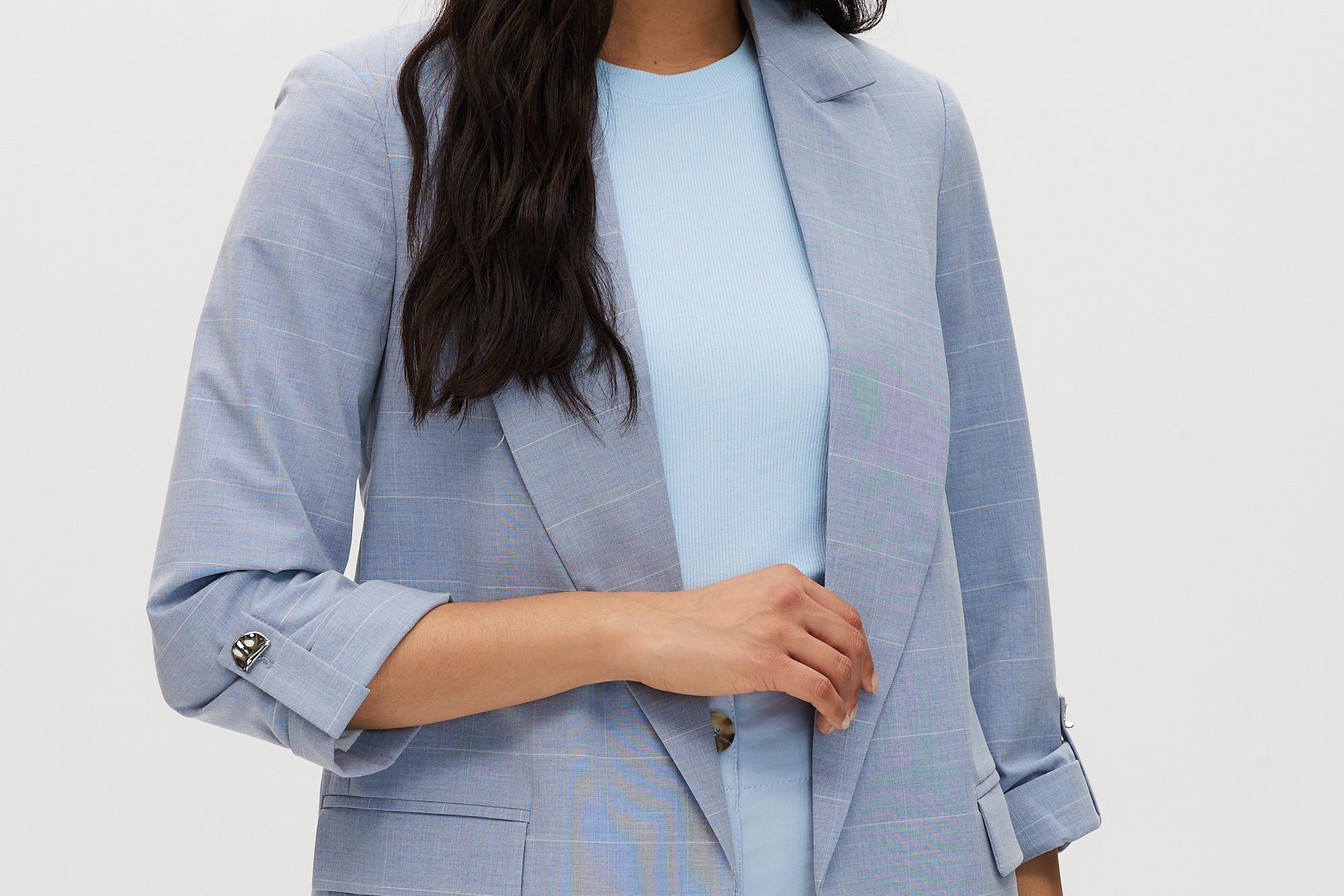 Heather Sky Cotton Twill Open Blazer Jacket featuring a boxy fit, 3/4 sleeves, notched lapels, and subtle check pattern by Hilary Radley.