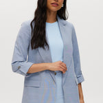 Heather Sky Cotton Twill Open Blazer Jacket featuring a boxy fit, 3/4 sleeves, notched lapels, and subtle check pattern by Hilary Radley.