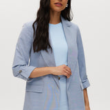 Heather Sky Cotton Twill Open Blazer Jacket featuring a boxy fit, 3/4 sleeves, notched lapels, and subtle check pattern by Hilary Radley.