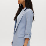 Heather Sky Cotton Twill Open Blazer Jacket featuring a boxy fit, notched lapels, 3/4 sleeves, and a subtle check pattern by Hilary Radley.