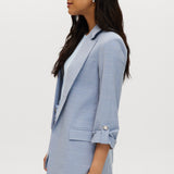 Heather Sky Cotton Twill Open Blazer Jacket featuring a boxy fit, notched lapels, 3/4 sleeves, and a subtle check pattern by Hilary Radley.