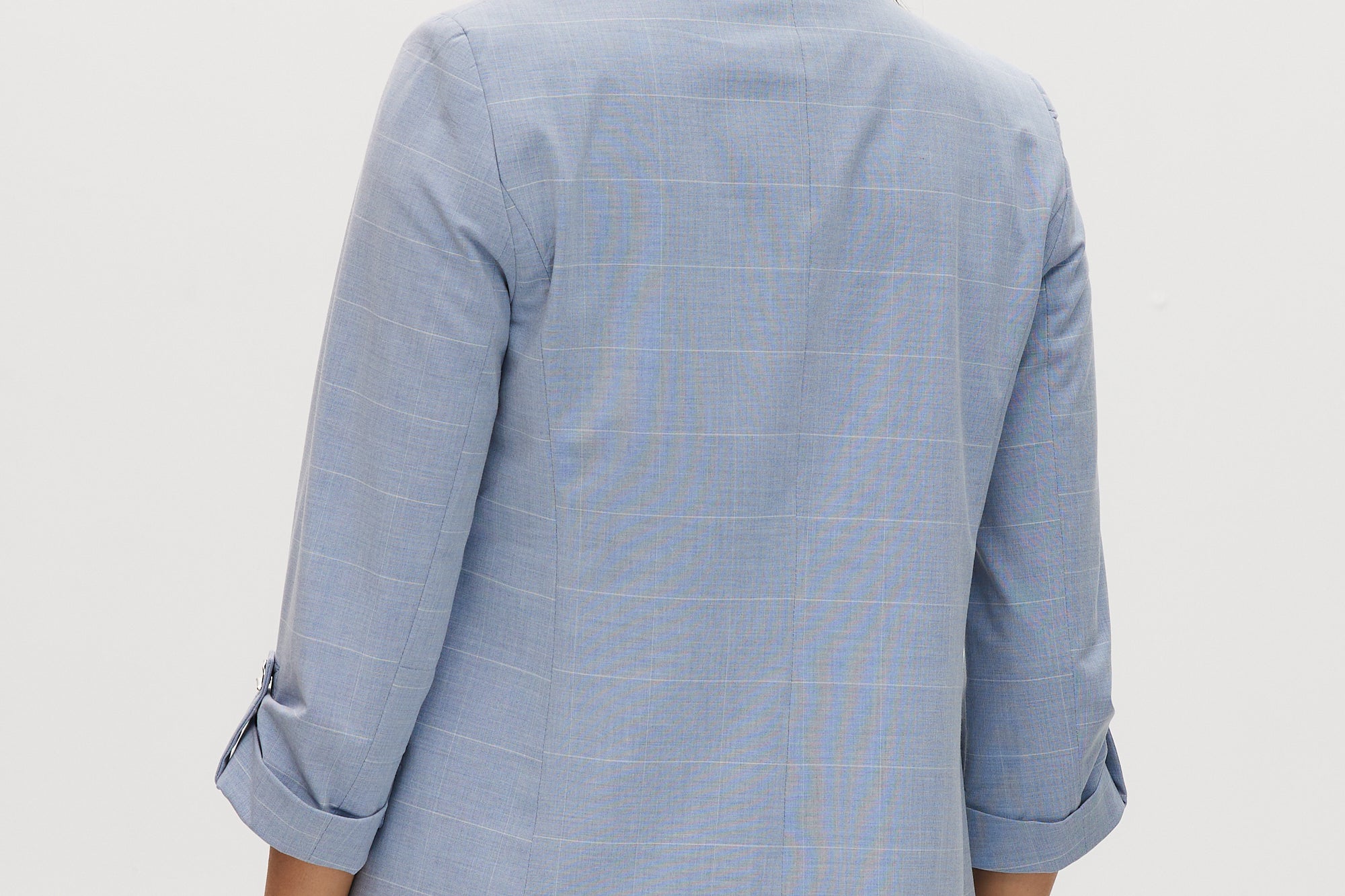 Heather Sky Cotton Twill Open Blazer Jacket featuring a boxy fit, 3/4 sleeves, notched lapels, and subtle check pattern by Hilary Radley.
