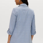 Heather Sky Cotton Twill Open Blazer Jacket featuring a boxy fit, 3/4 sleeves, notched lapels, and subtle check pattern by Hilary Radley.
