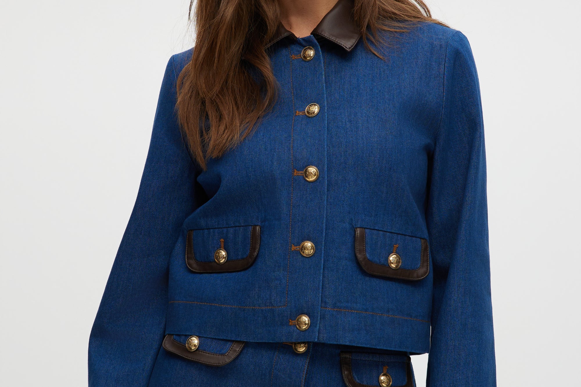 Blue Denim Jacket with Contrast Trim and Gold Buttons