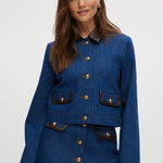 Blue Denim Jacket with Contrast Trim and Gold Buttons