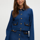 Blue Denim Jacket with Contrast Trim and Gold Buttons