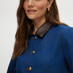 Blue Denim Jacket featuring contrast trim and gold buttons by Hilary Radley.