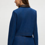 Blue Denim Jacket featuring contrast trim and gold buttons, available from Hilary Radley.