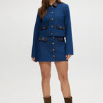 Blue Denim Jacket with contrast trim and gold buttons, offered by Hilary Radley.