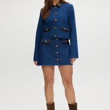 Blue Denim Jacket with contrast trim and gold buttons, offered by Hilary Radley.