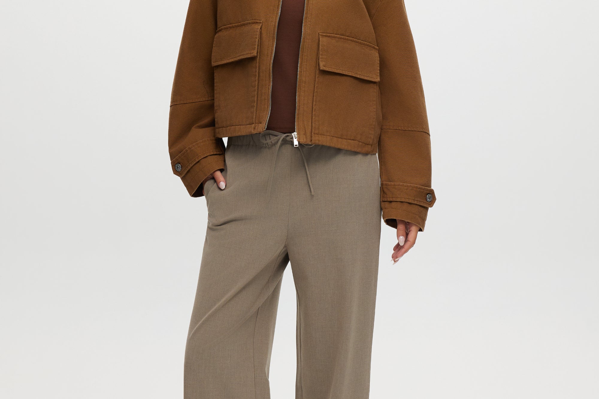 Camel Cotton Canvas Zip-Up Jacket featuring a zip-front and contrast collar by Hilary Radley.