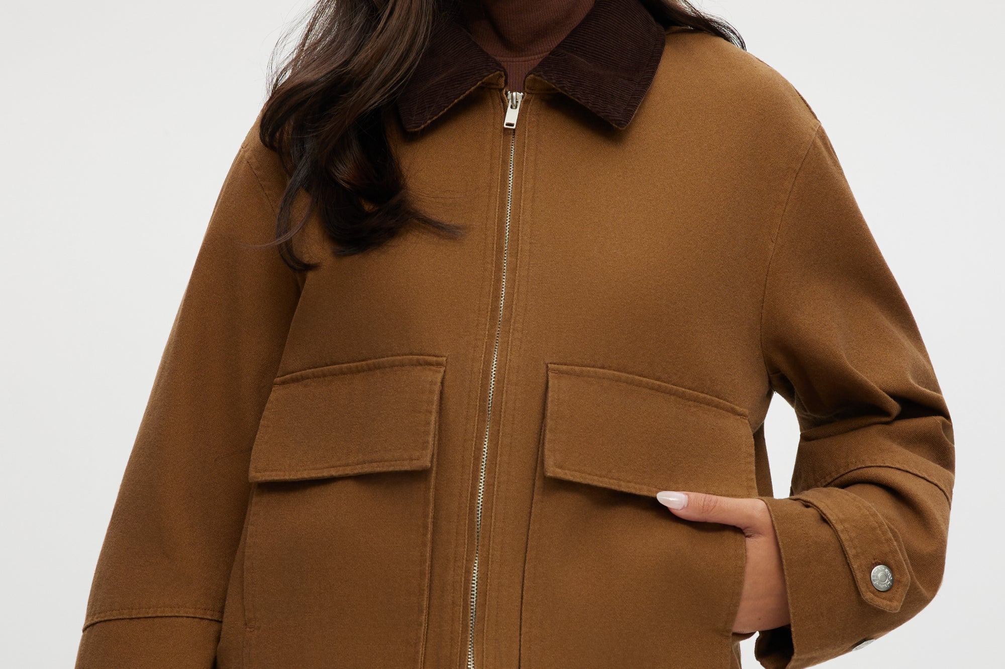 Camel cotton canvas jacket with zip-front and contrast collar