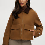 Camel cotton canvas jacket with zip-front and contrast collar