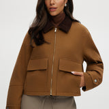 Camel cotton canvas jacket with zip-front and contrast collar