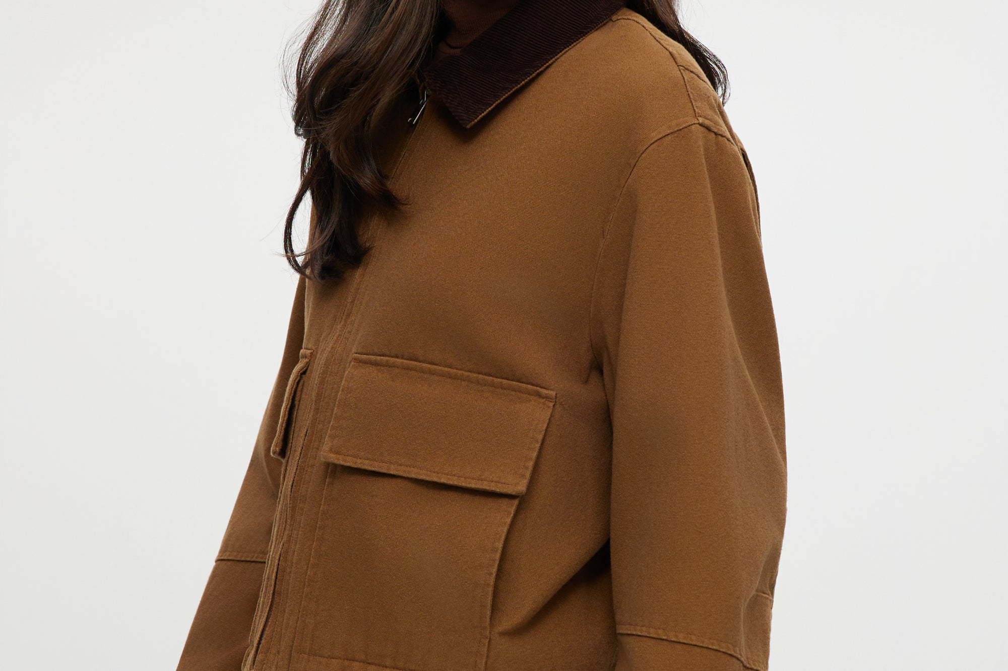 Camel Cotton Canvas Zip-Up Jacket featuring a zip-front and contrast collar by Hilary Radley.