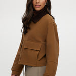 Camel Cotton Canvas Zip-Up Jacket featuring a zip-front and contrast collar by Hilary Radley.