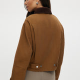 Camel Cotton Canvas Zip-Up Jacket featuring a zip-front and contrast collar by Hilary Radley.