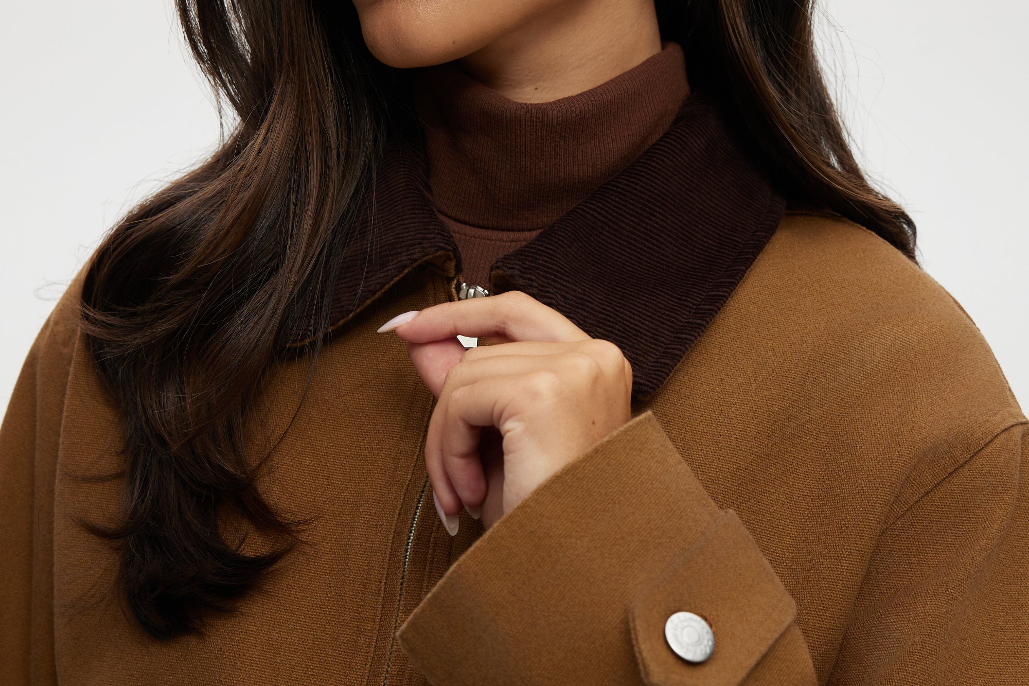 Camel Cotton Canvas Zip-Up Jacket featuring a zip-front and contrast collar by Hilary Radley.