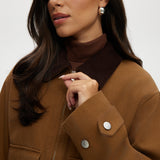 Camel Cotton Canvas Zip-Up Jacket featuring a zip-front and contrast collar by Hilary Radley.