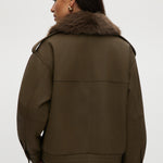 Hilary Radley Olive coated jacket featuring a removable faux fur collar, flap pockets, and ribbed hems.