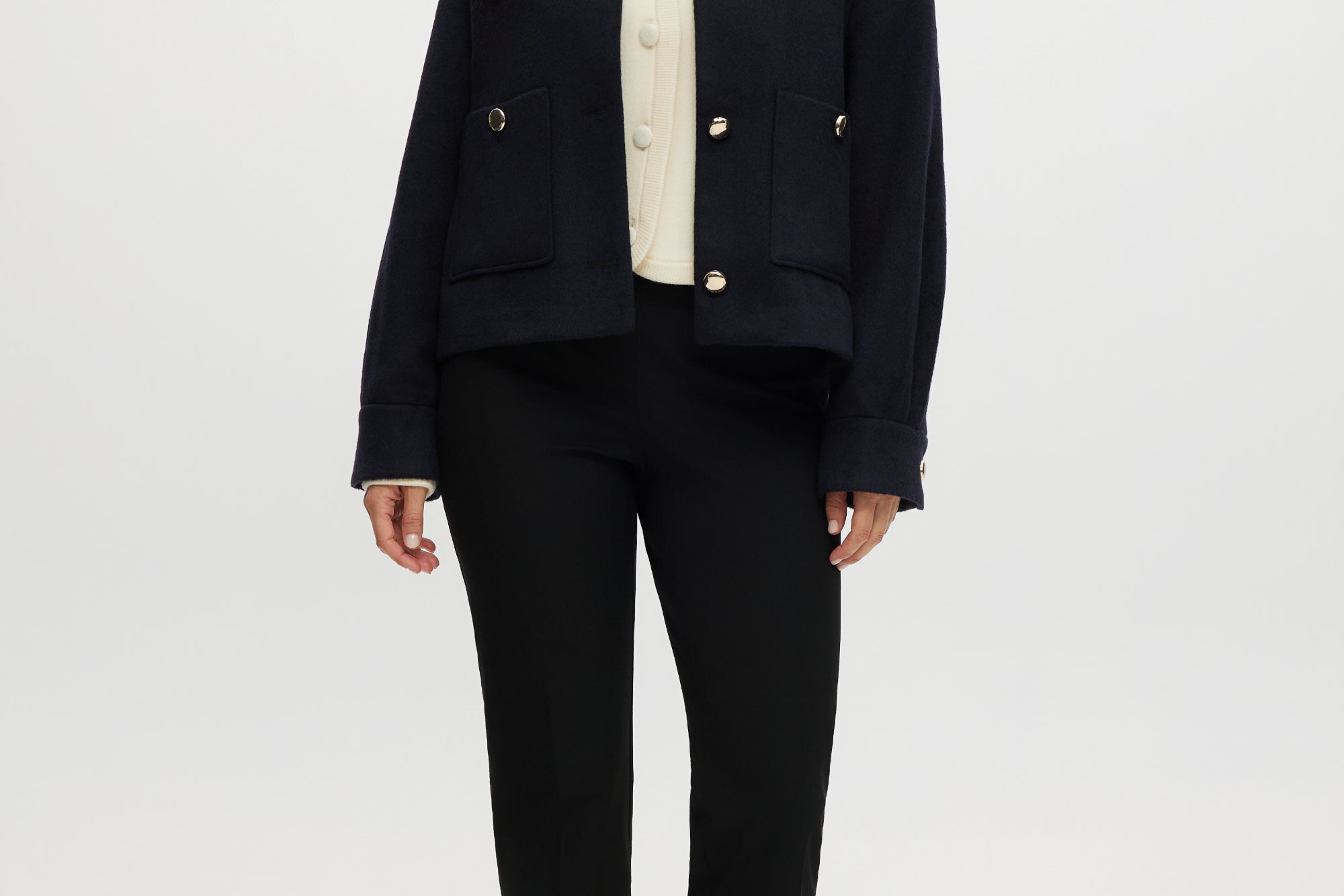 Hilary Radley Navy Wool-Like Boxy Jacket featuring a removable faux fur collar and silver-tone buttons.