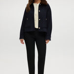 Hilary Radley Navy Wool-Like Boxy Jacket featuring a removable faux fur collar and silver-tone buttons.