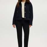 Hilary Radley Navy Wool-Like Boxy Jacket featuring a removable faux fur collar and silver-tone buttons.