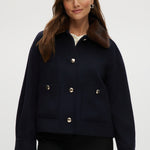 Navy wool-like jacket with removable faux fur collar and silver-tone buttons.