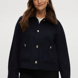 Navy wool-like jacket with removable faux fur collar and silver-tone buttons.