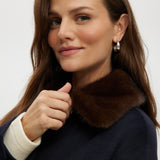 Navy wool-like boxy jacket featuring a removable faux fur collar and silver-tone buttons by Hilary Radley.