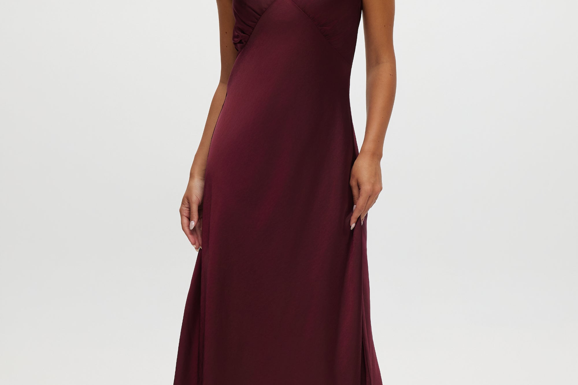 Bordeaux Satin Maxi Dress featuring velvet bow shoulder details, sleeveless design, and V-neckline by Hilary Radley.