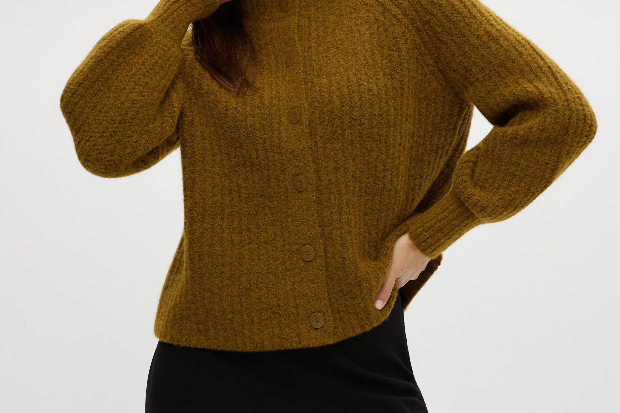 Mustard shaker stitch raglan cardigan with button closure and ribbed texture