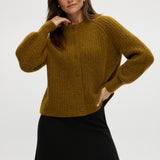 Mustard shaker stitch raglan cardigan with button closure and ribbed texture