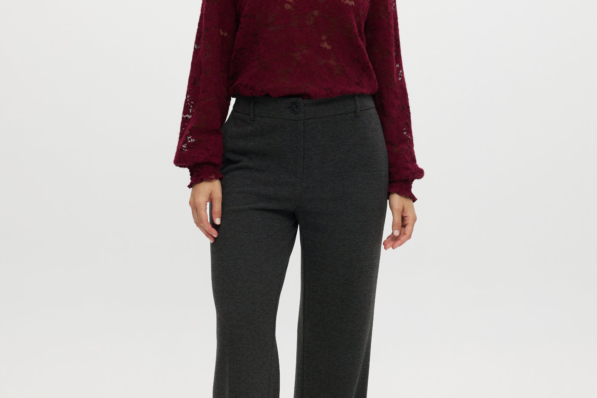 Burgundy Smocked Lace Mock Neck Top featuring a smocked neckline and cuffs by Hilary Radley.