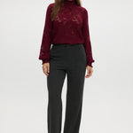 Burgundy Smocked Lace Mock Neck Top featuring a smocked neckline and cuffs by Hilary Radley.