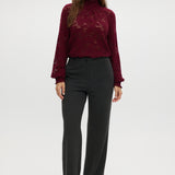 Burgundy Smocked Lace Mock Neck Top featuring a smocked neckline and cuffs by Hilary Radley.
