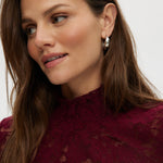 Burgundy Smocked Lace Mock Neck Top featuring a delicate lace design with smocked neckline and cuffs by Hilary Radley.