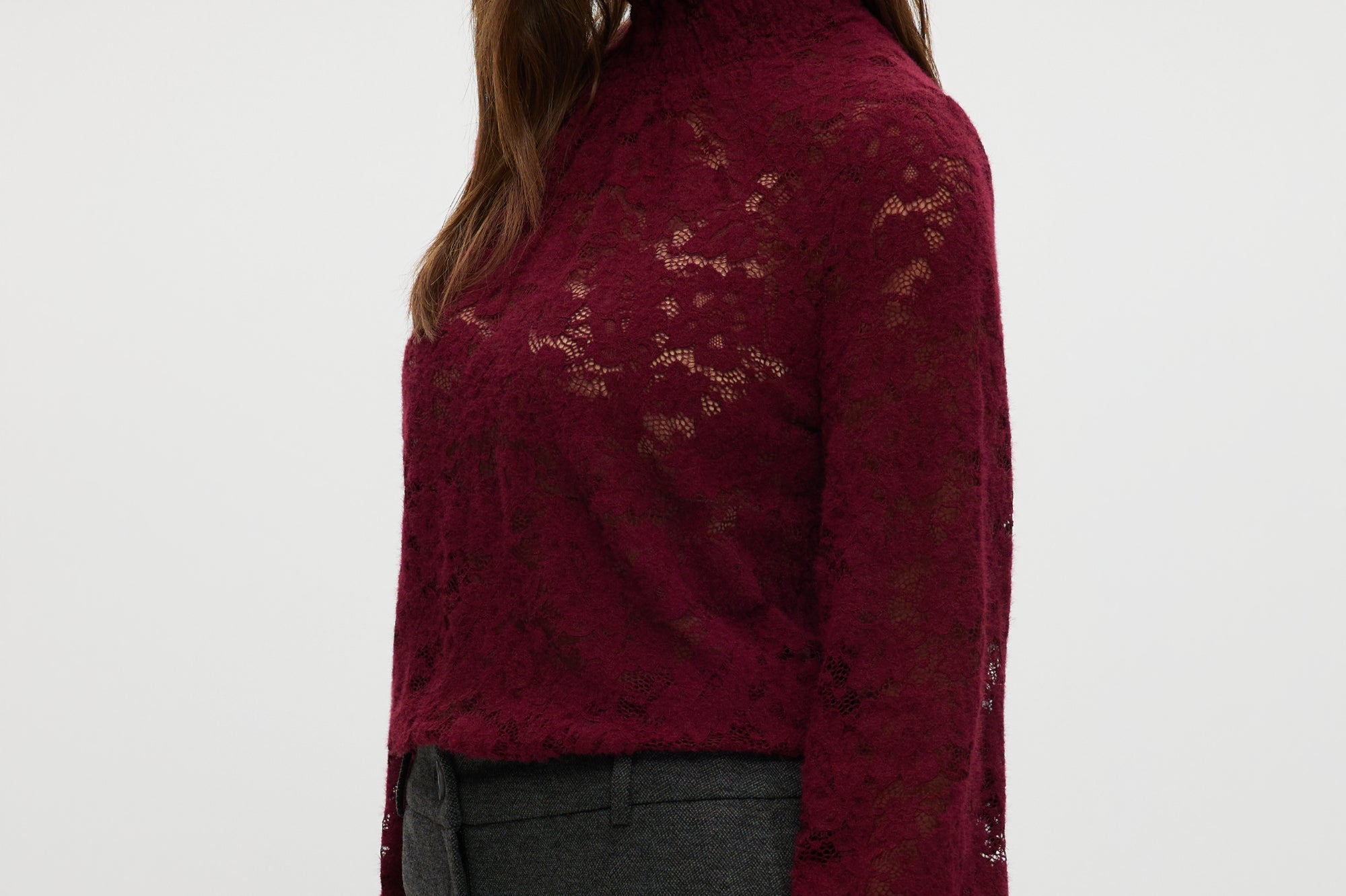 Burgundy Smocked Lace Mock Neck Top featuring a delicate lace design with smocked neckline and cuffs by Hilary Radley.