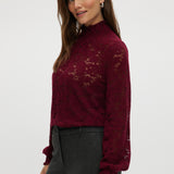 Burgundy Smocked Lace Mock Neck Top featuring a delicate lace design with smocked neckline and cuffs by Hilary Radley.