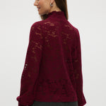 Burgundy Smocked Lace Mock Neck Top featuring a smocked neckline and cuffs, available from Hilary Radley.