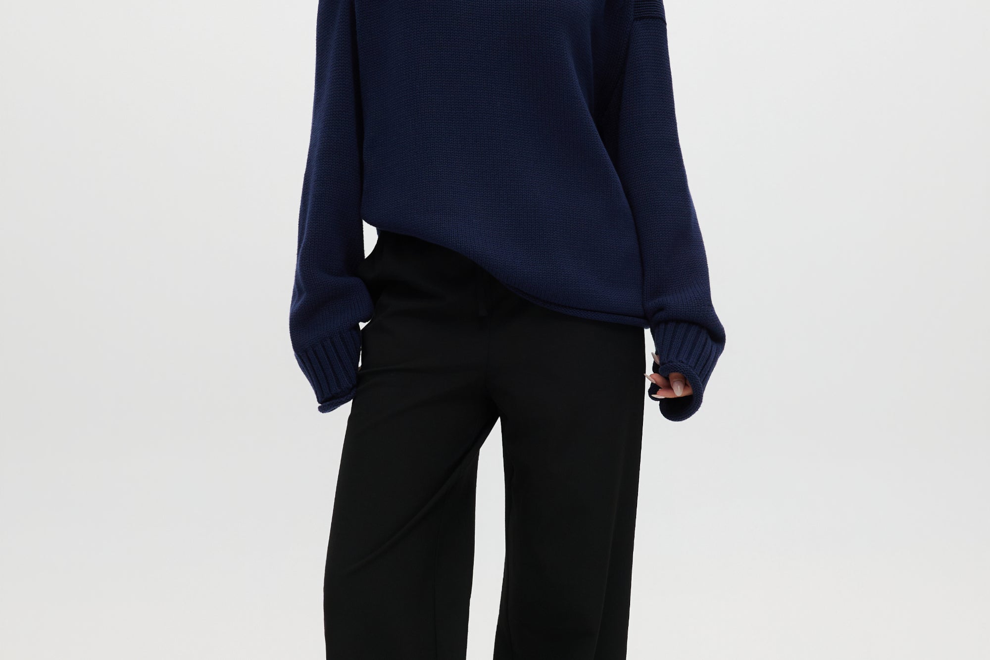 Navy rolled neck cotton sweater featuring ribbed details and an oversized fit by Hilary Radley.