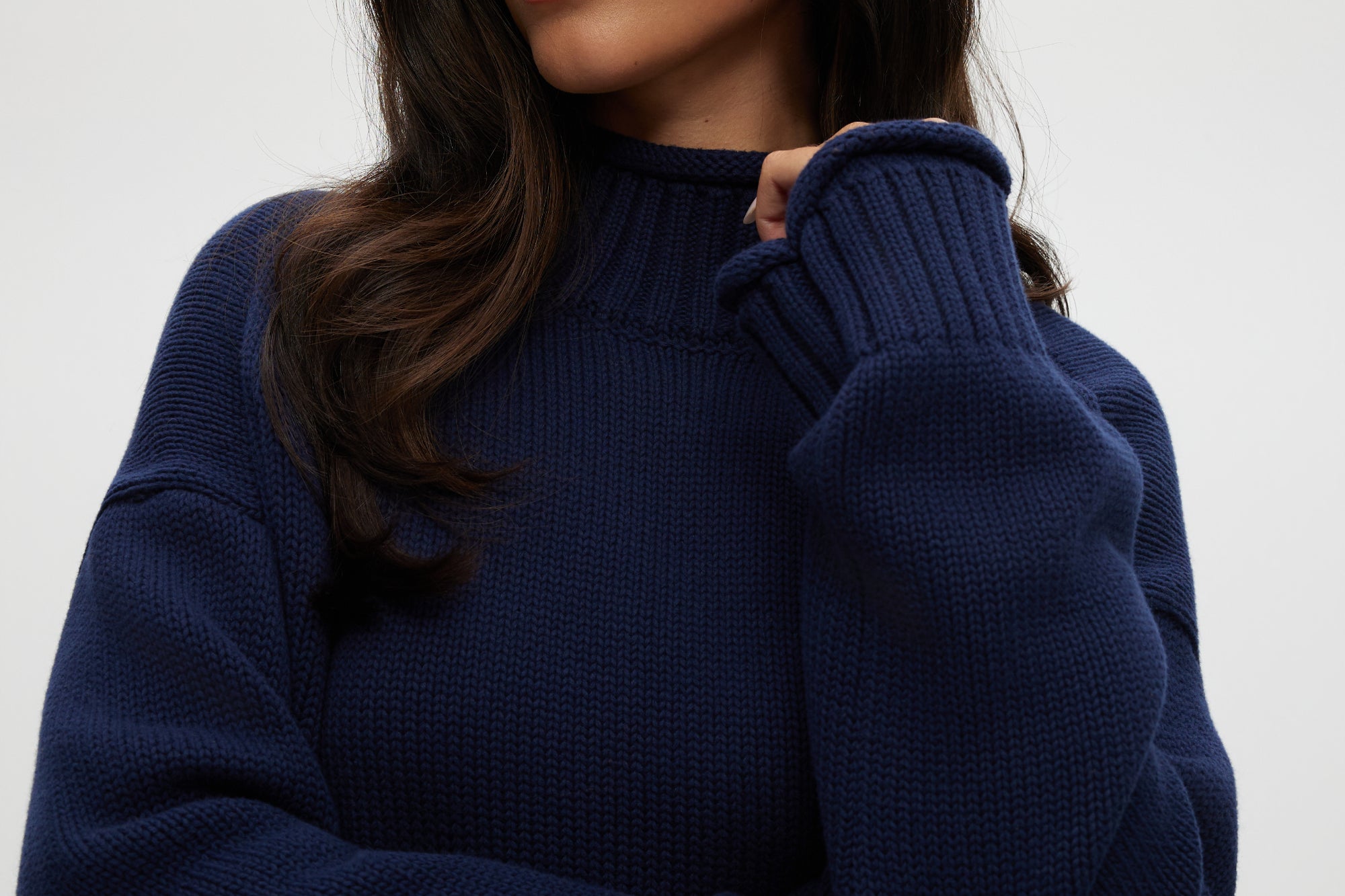 Navy rolled neck cotton sweater featuring ribbed details and an oversized fit by Hilary Radley.