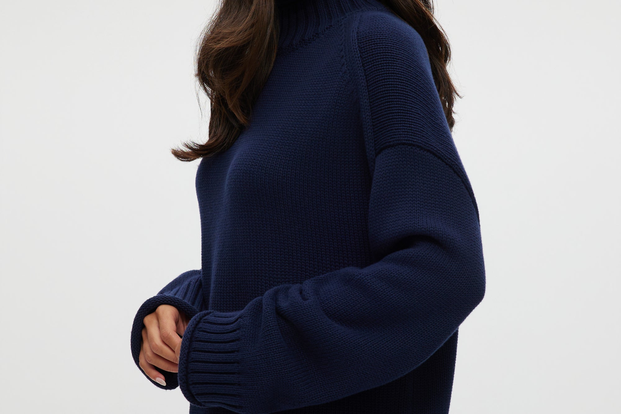 Navy rolled neck cotton sweater featuring ribbed details and an oversized fit by Hilary Radley.